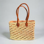 Woven Straw Tote Bag with Leather Handles Summer Beach Market Basket