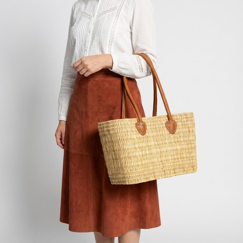 Rectangular Straw Market Bag with Leather Handles - Woven Beach Tote
