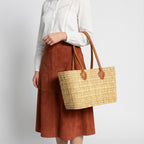 Rectangular Straw Market Bag with Leather Handles - Woven Beach Tote