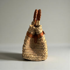 Woven Straw Market Basket Bag Leather Crossbody Tote