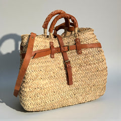 Woven Straw Market Basket Bag Leather Crossbody Tote