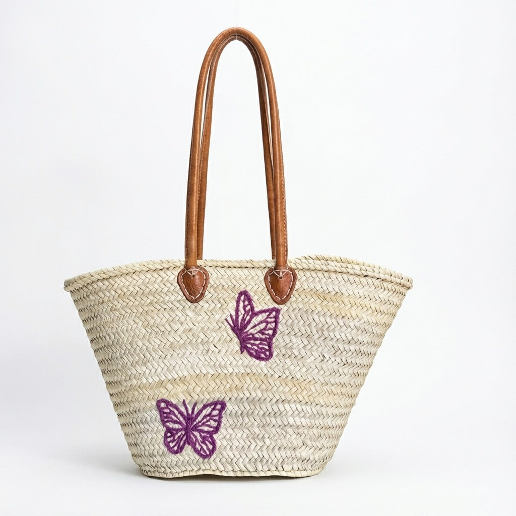 Butterfly Straw Tote Bag French Market Basket Double Leather Handles
