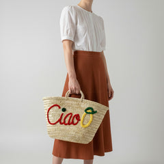 Handwoven Straw Market Tote Bag Ciao Lemon Embroidery