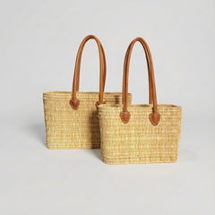 Classic Straw Basket Bag - Tote with Genuine Leather Handles