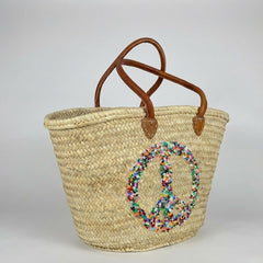 Sequin Peace Sign Straw Market Tote Bag Leather Handles