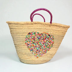 Sequin Heart Straw Beach Tote | Glamorous Glitter Handle Summer Bag