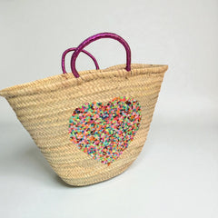 Sequin Heart Straw Beach Tote | Glamorous Glitter Handle Summer Bag