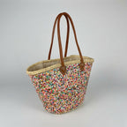 Sequin Straw Tote Bag with Leather Handles - Large Beach Basket