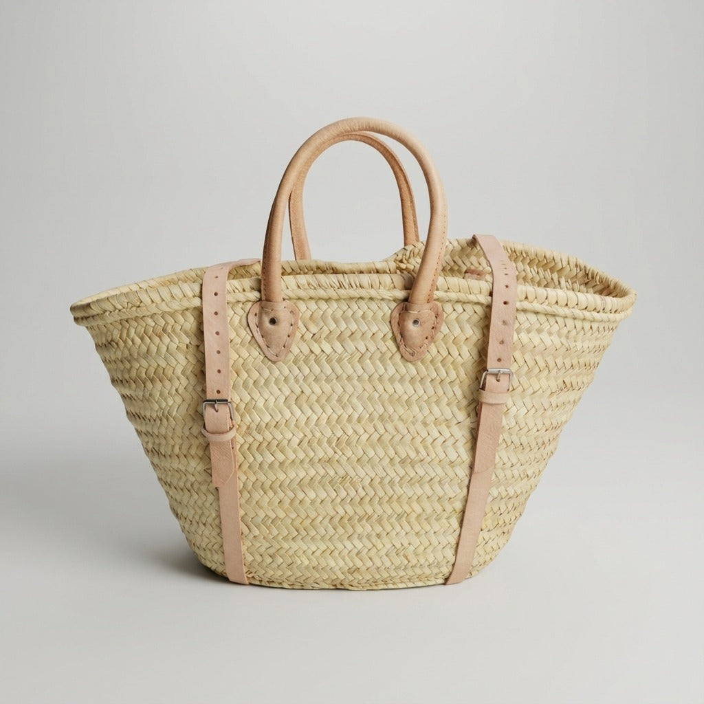 French Market Straw Backpack with Leather Straps
