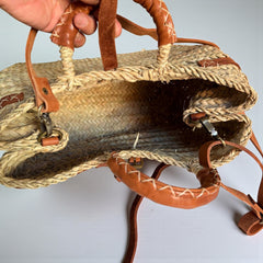 Woven Straw Market Basket Bag Leather Crossbody Tote