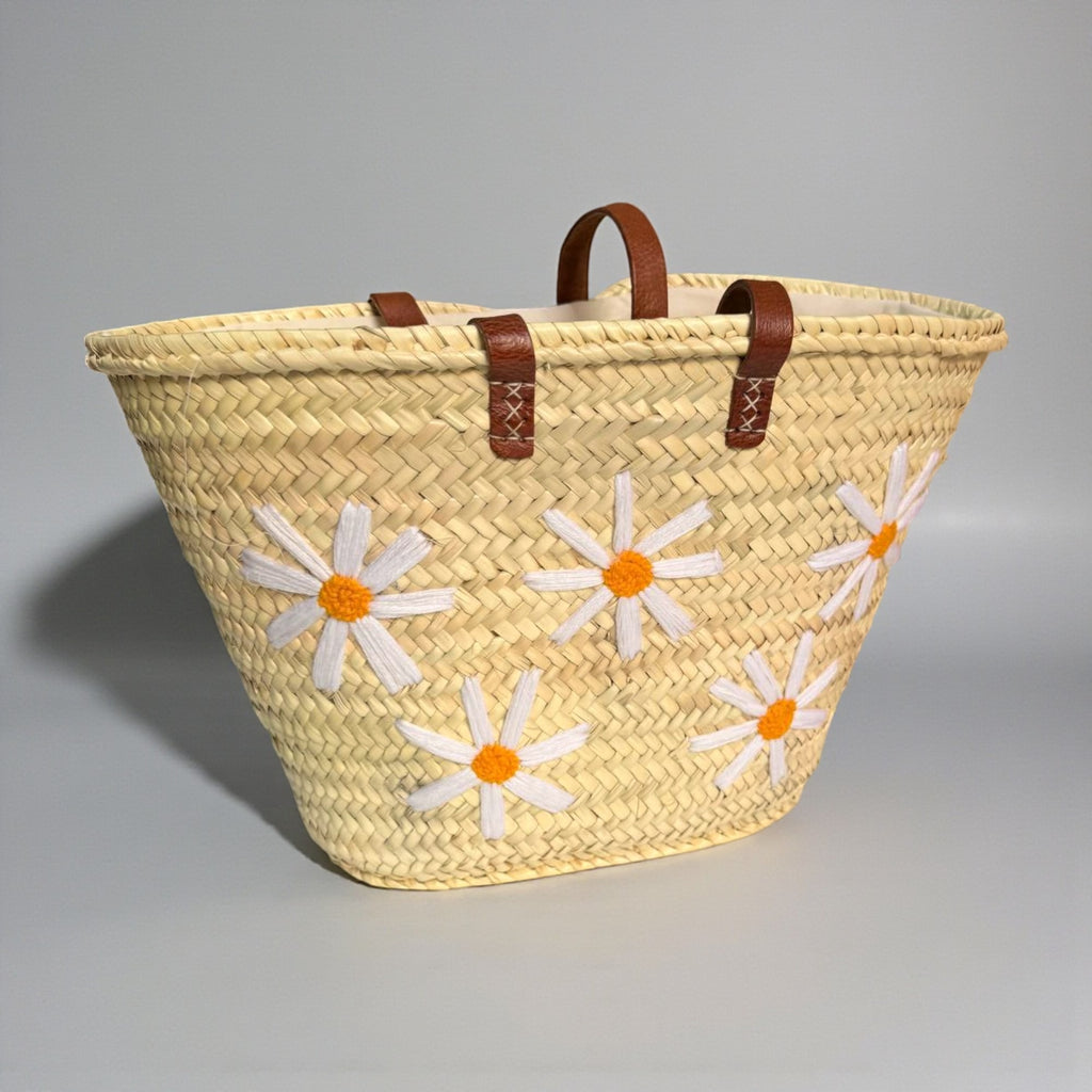 Daisy Straw Tote Bag Handwoven Floral Market Basket