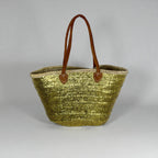 Sequin Straw Tote Bag with Leather Handles - Large Beach Basket