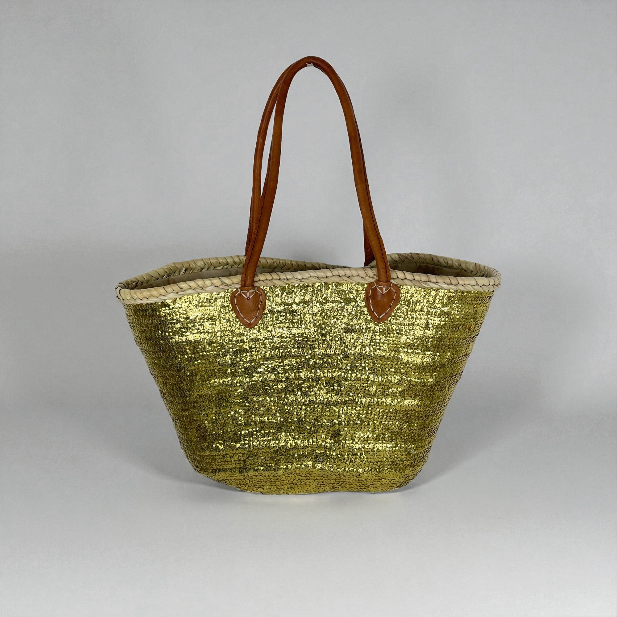 Sequin Straw Tote Bag with Leather Handles - Large Beach Basket