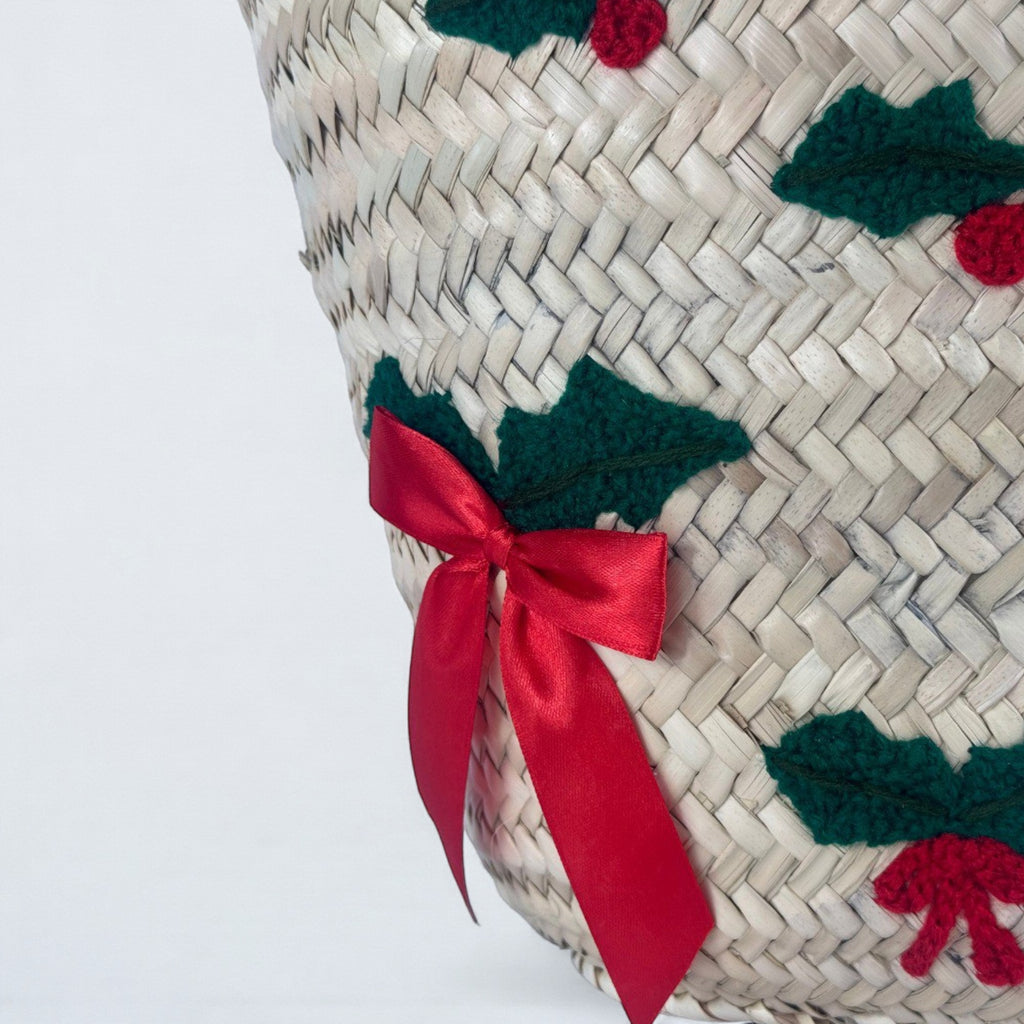 Christmas Holly Straw Tote Bag - Woven Holiday Market Basket
