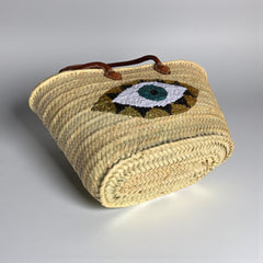 Evil Eye Straw Beach Bag with Leather Handles - Sequin Summer Tote