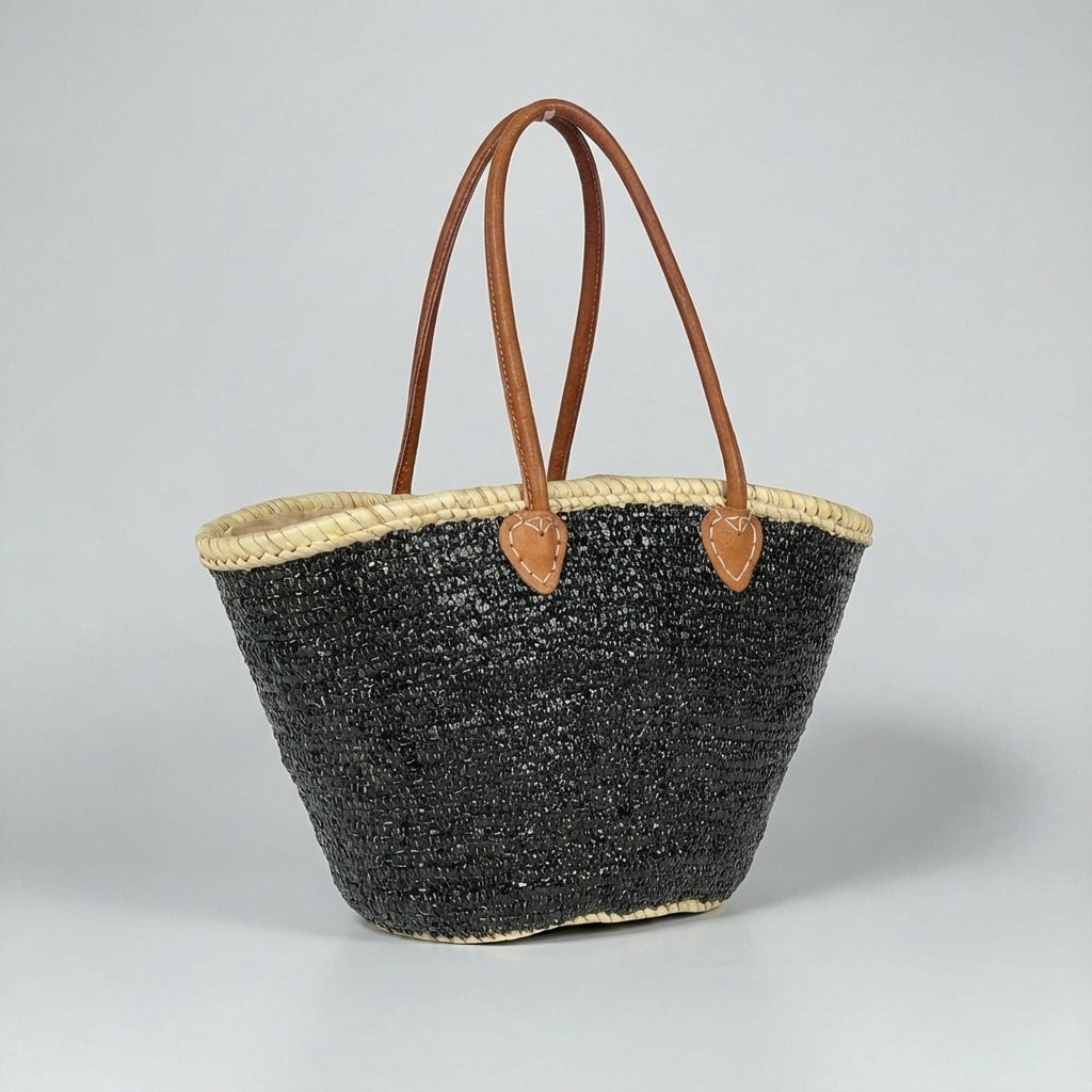 Sequin Straw Tote Bag with Leather Handles - Large Beach Basket