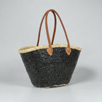 Sequin Straw Tote Bag with Leather Handles - Large Beach Basket