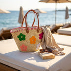 Floral Straw Tote Bag with Leather Handles - Woven Summer Market Basket