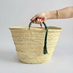 Woven Palm Leaf Market Basket Leather Handles Tassel