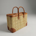 French Market Basket with Leather Handles - Woven Straw Tote Bag