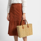 Rectangular Straw Market Bag with Leather Handles - Woven Beach Tote