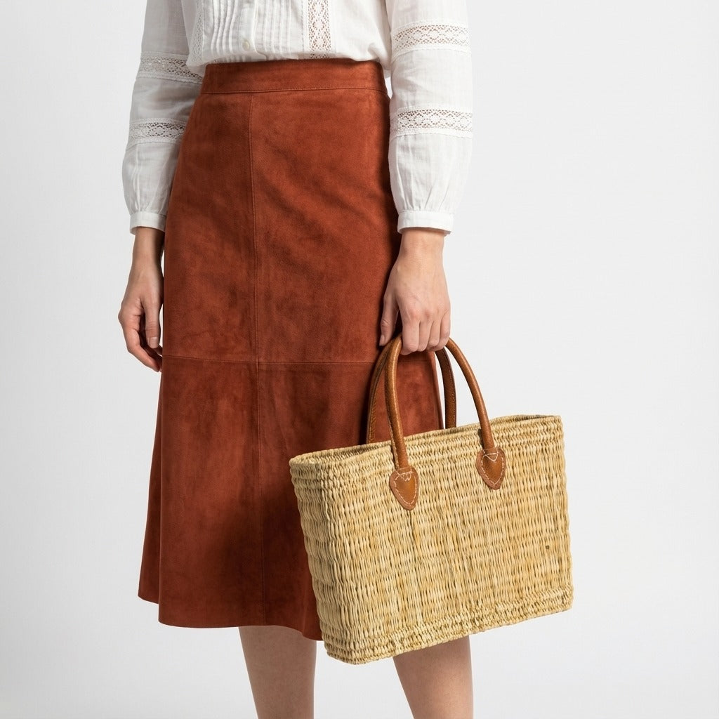 Rectangular Straw Market Bag with Leather Handles - Woven Beach Tote