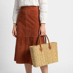 Classic Straw Basket Bag - Tote with Genuine Leather Handles