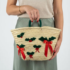 Festive Holly & Bow Straw Tote Bag - Christmas Market Basket