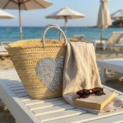 Sequin Heart Straw Beach Tote | Glamorous Glitter Handle Summer Bag