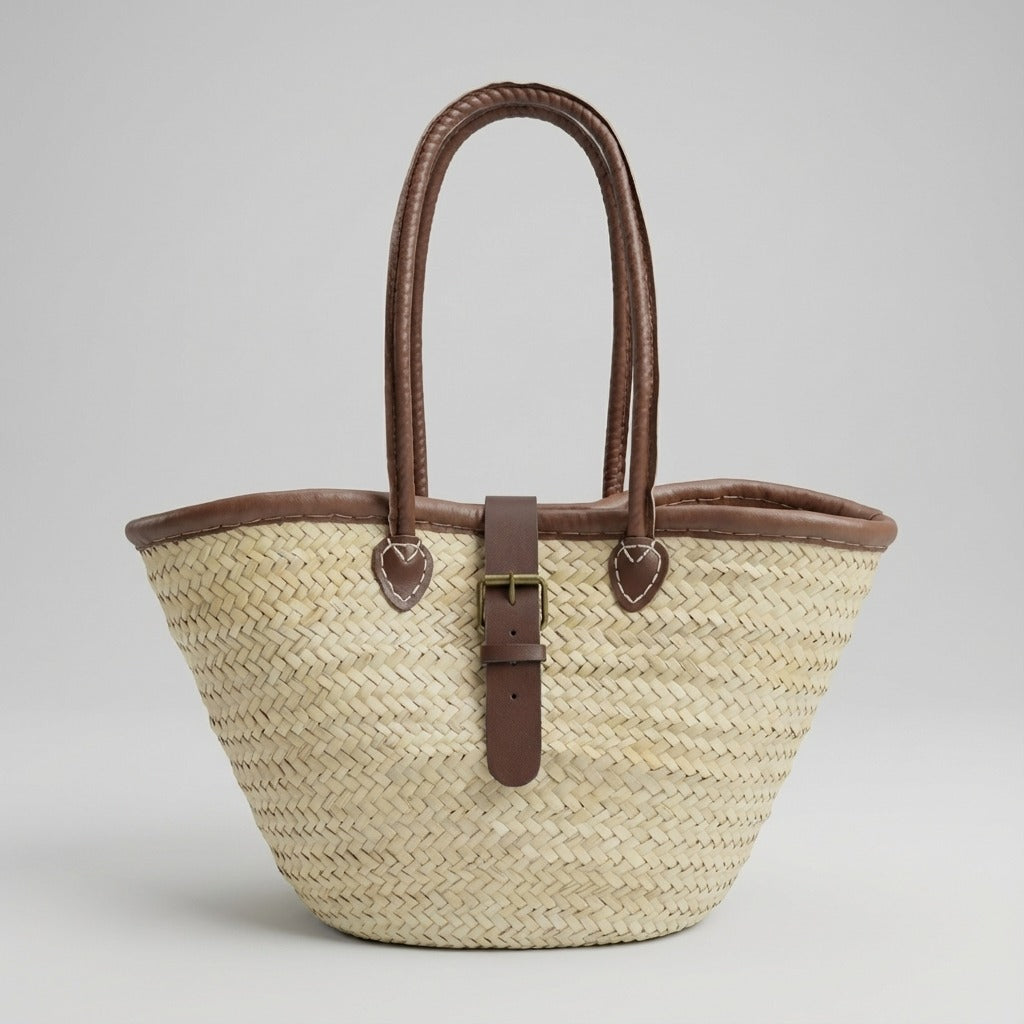 French Market Basket Straw Tote Bag with Leather Handles & Buckle Strap