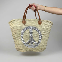 Sequin Peace Sign Straw Market Tote Bag Leather Handles