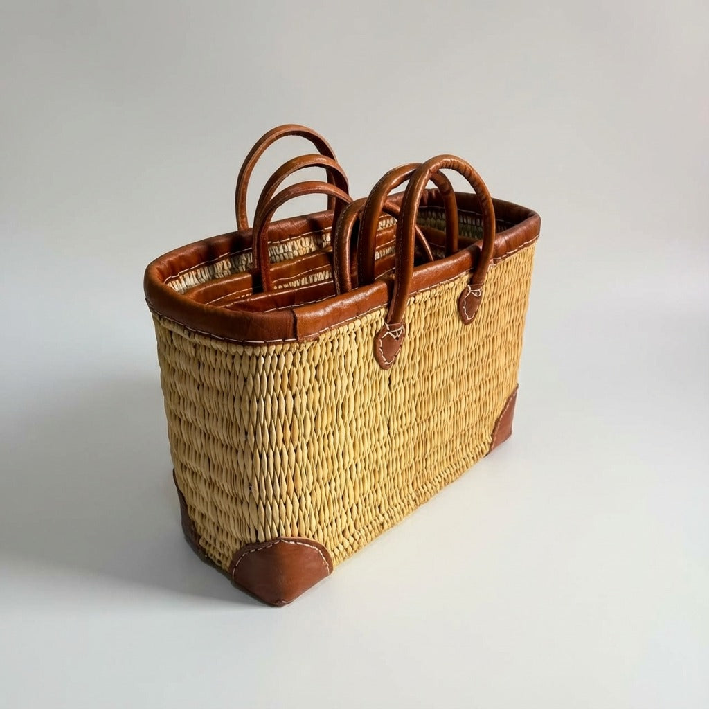 French Market Basket with Leather Handles - Woven Straw Tote Bag