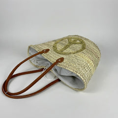 Sequin Peace Sign Straw Market Tote Bag Leather Handles