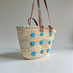 Floral Embroidered Straw Beach Bag with Leather Handles