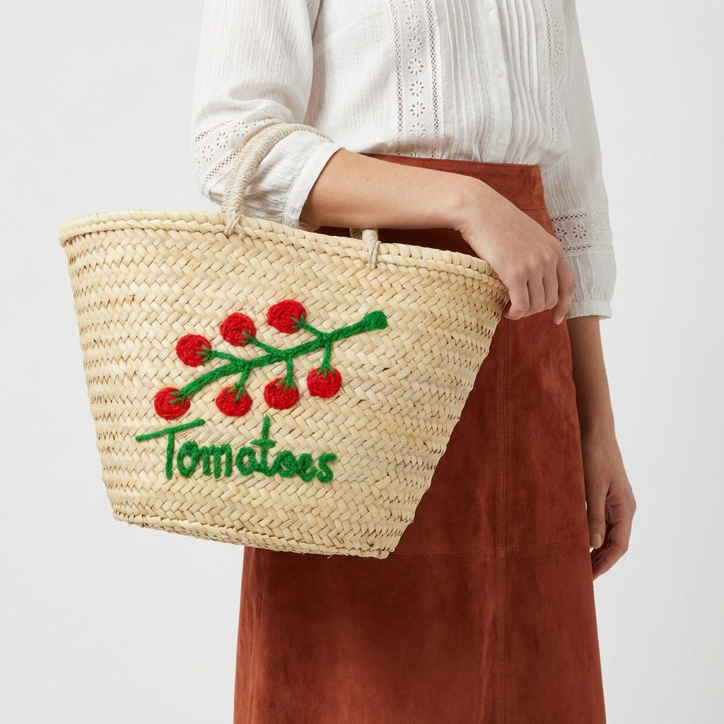 Tomato Embroidered Straw Basket - Handmade Woven Market Tote Bag