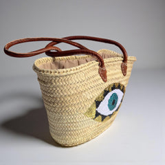 Evil Eye Straw Beach Bag with Leather Handles - Sequin Summer Tote