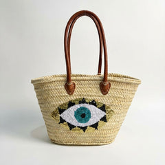 Evil Eye Straw Beach Bag with Leather Handles - Sequin Summer Tote