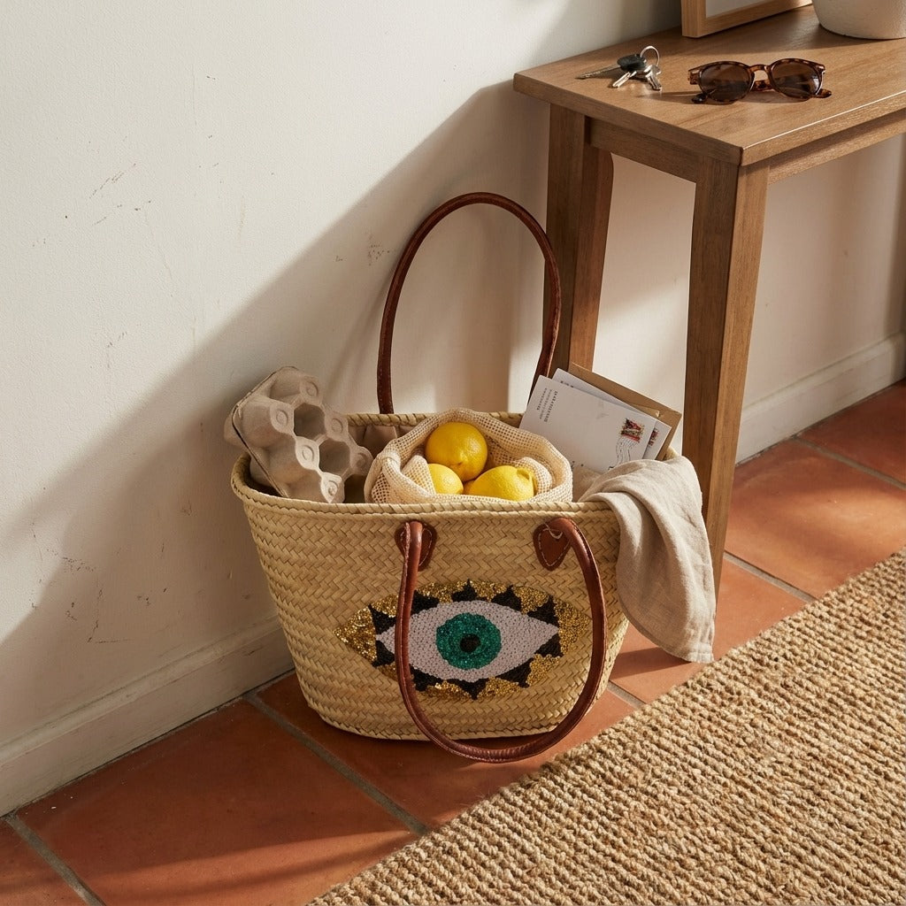 Evil Eye Straw Bag, Large Sequin Woven Market Tote & Leather Handles