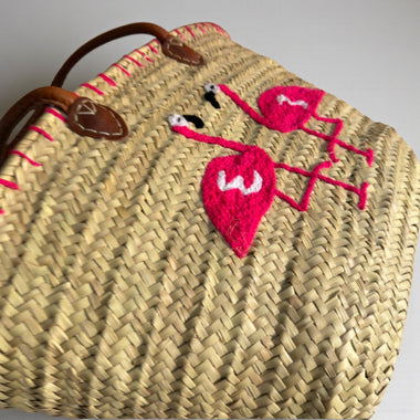 Handwoven Flamingo Straw Tote Bag with Leather Straps