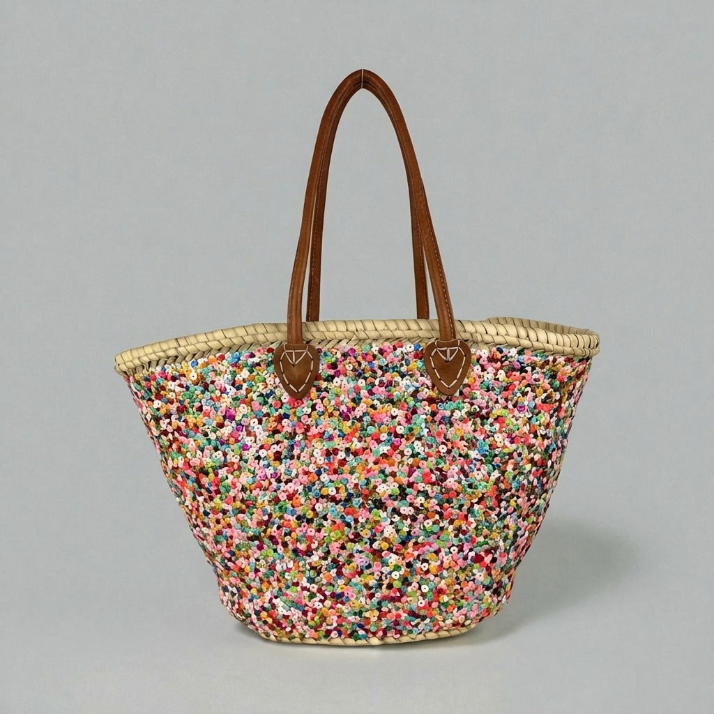 Sequin Straw Tote Bag with Leather Handles - Large Beach Basket