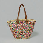 Sequin Straw Tote Bag with Leather Handles - Large Beach Basket