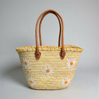 Daisy Embroidered Straw Tote Bag - Woven Summer Beach Basket
