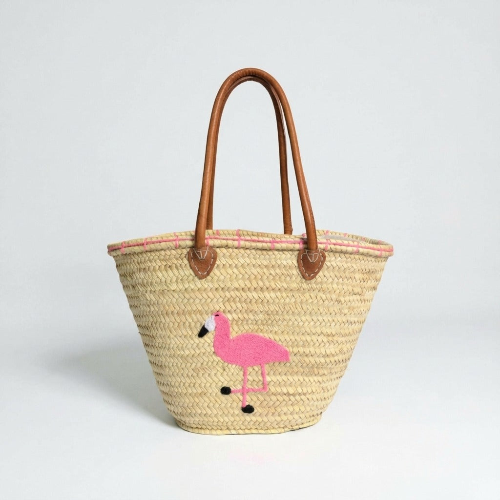 Embroidered Flamingo Straw Tote Bag Woven Summer Beach Basket