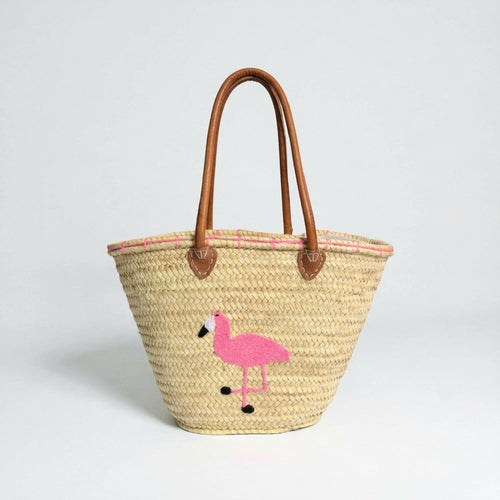 Embroidered Flamingo Straw Tote Bag Woven Summer Beach Basket