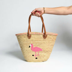 Flamingo Embroidered Straw Beach Bag - Handwoven Summer Tote