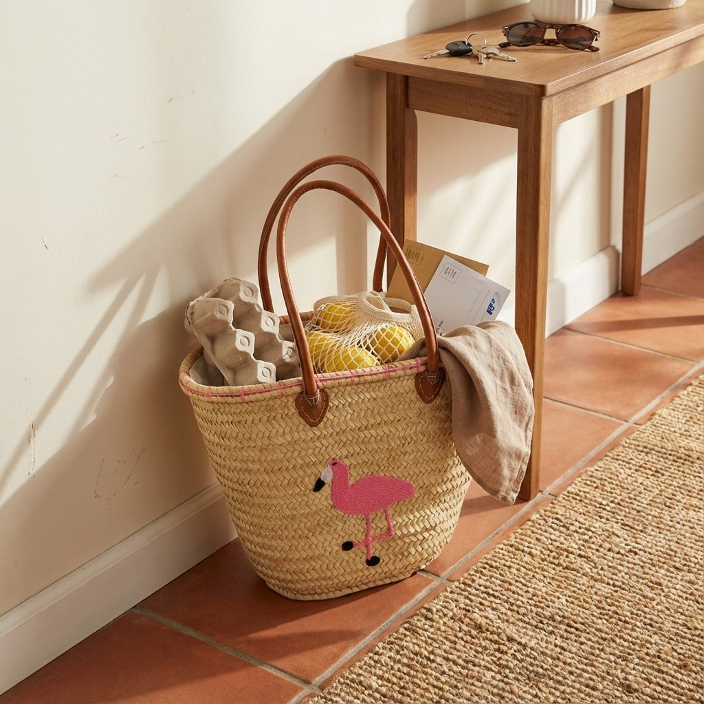 Flamingo Embroidered Straw Beach Bag - Handwoven Summer Tote