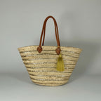 Gold Sequin Straw Tote - Handmade French Market Basket Leather Handles
