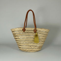 Gold Sequin Straw Market Basket Tote Leather Handles