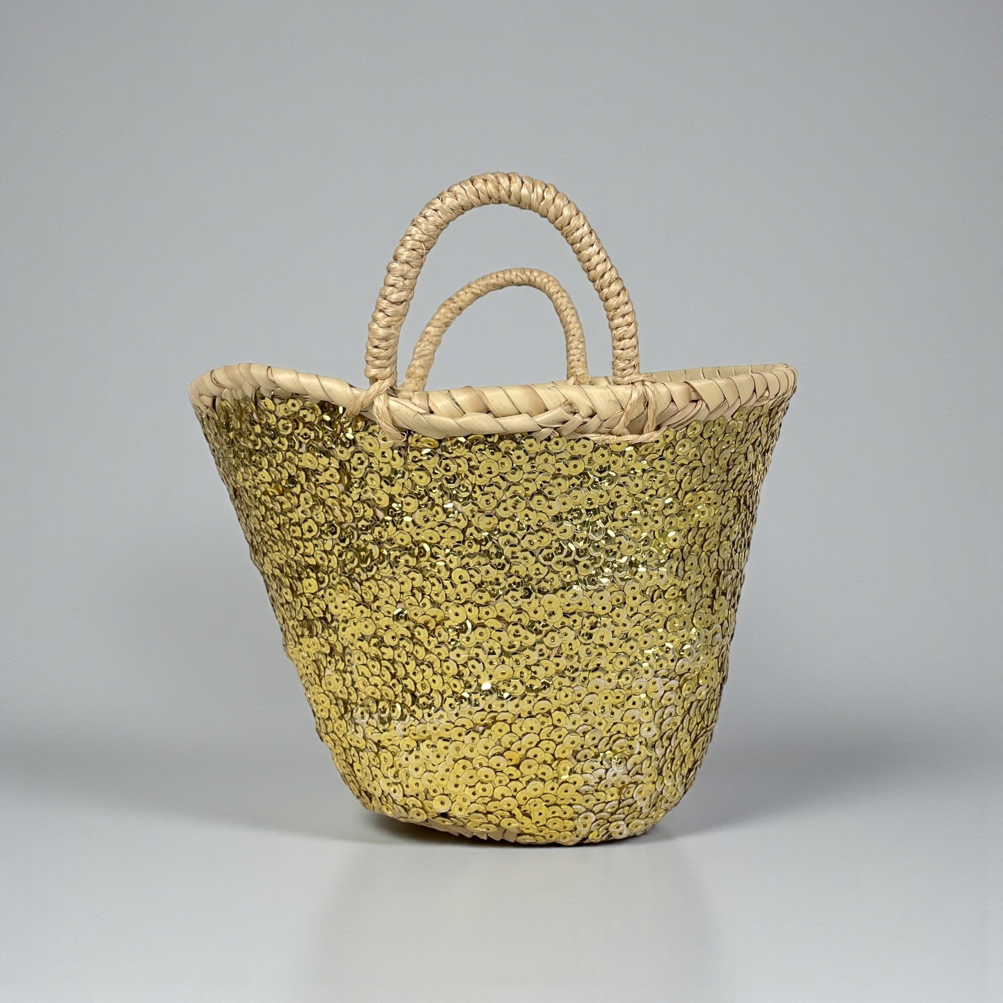 Sequin Straw Basket Mini Tote - Handmade Woven Gift Bag