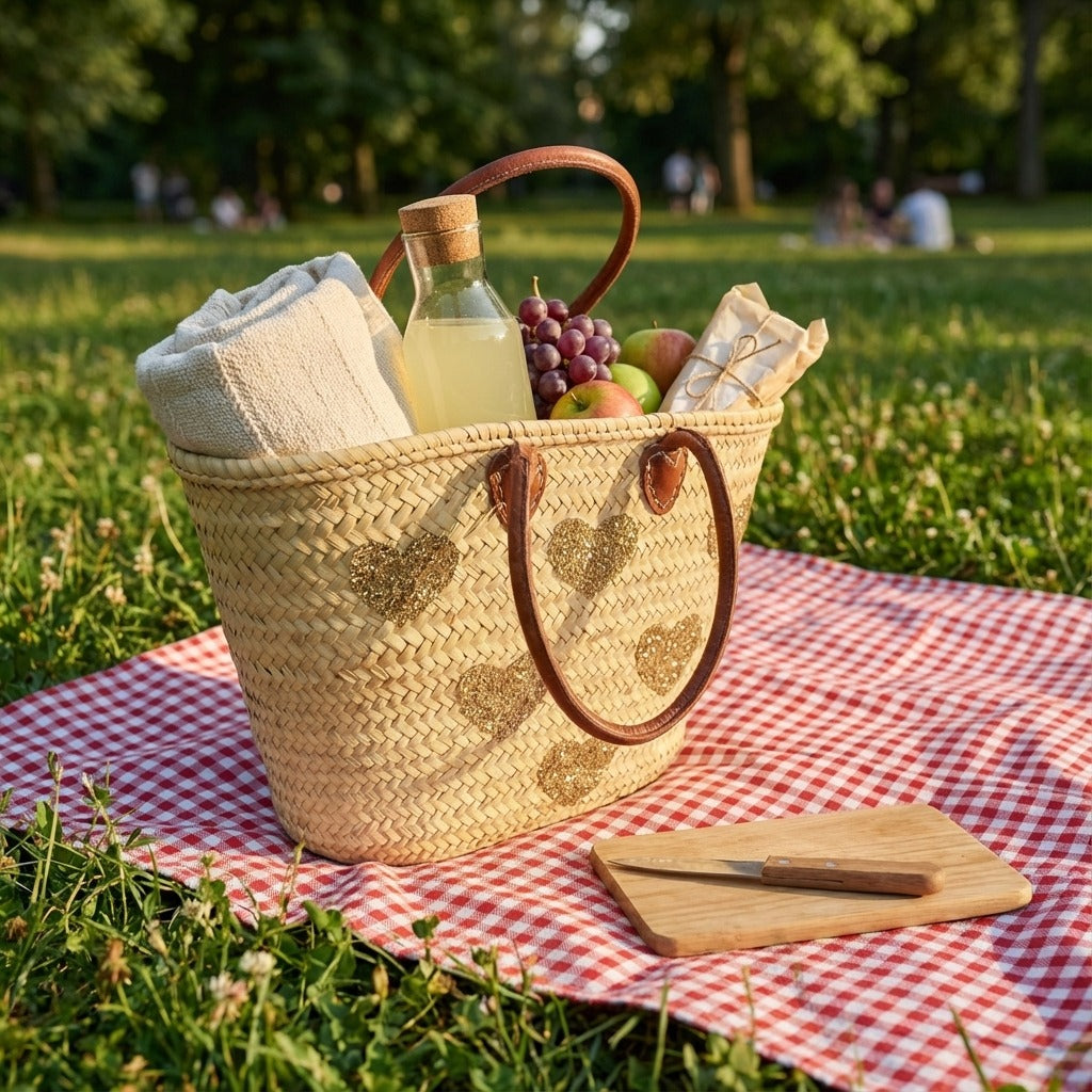Gold Sequin Heart Straw Market Basket French Tote Bag